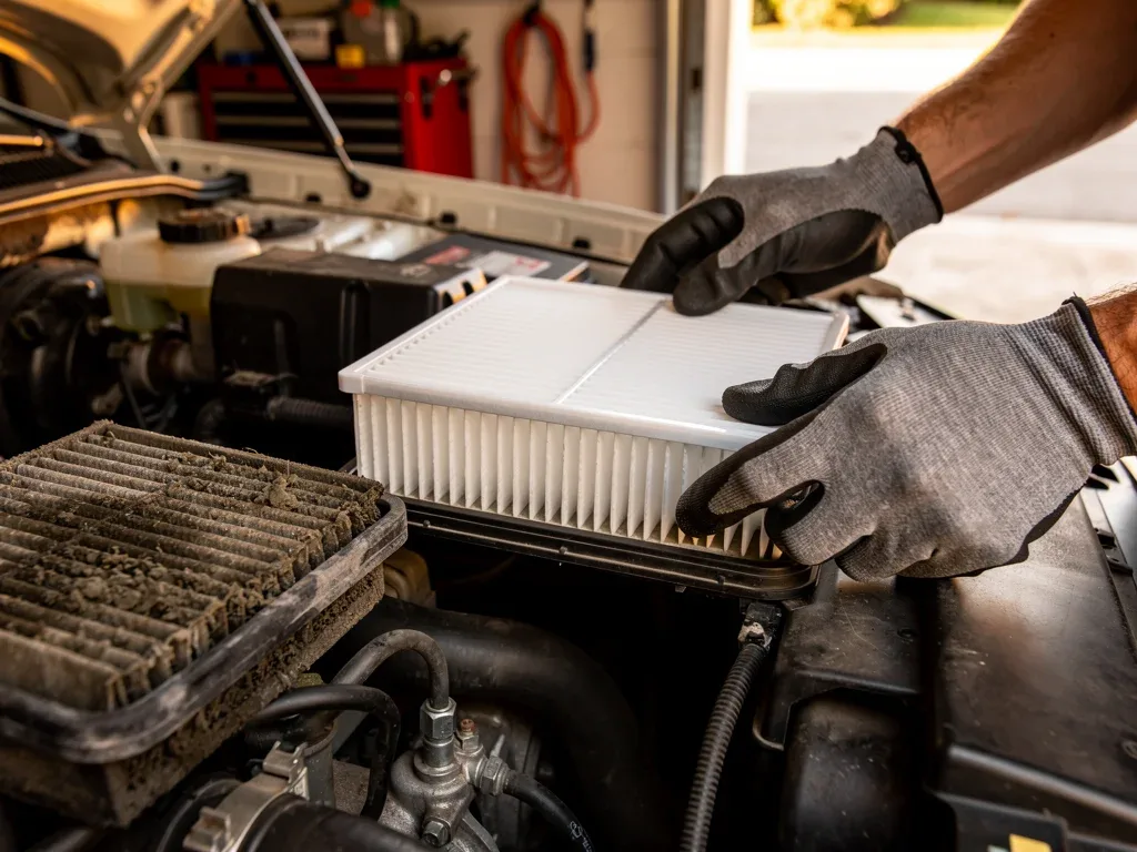 Hands replacing a car's air filter, an essential DIY maintenance task.