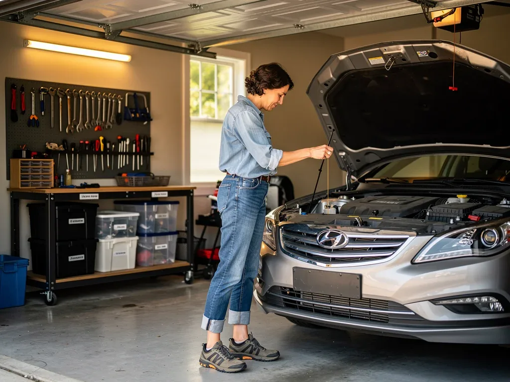 Woman checking car oil dipstick, symbolizing DIY car maintenance savings.