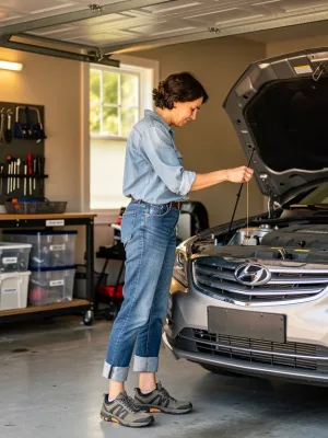 Woman checking car oil dipstick, symbolizing DIY car maintenance savings.