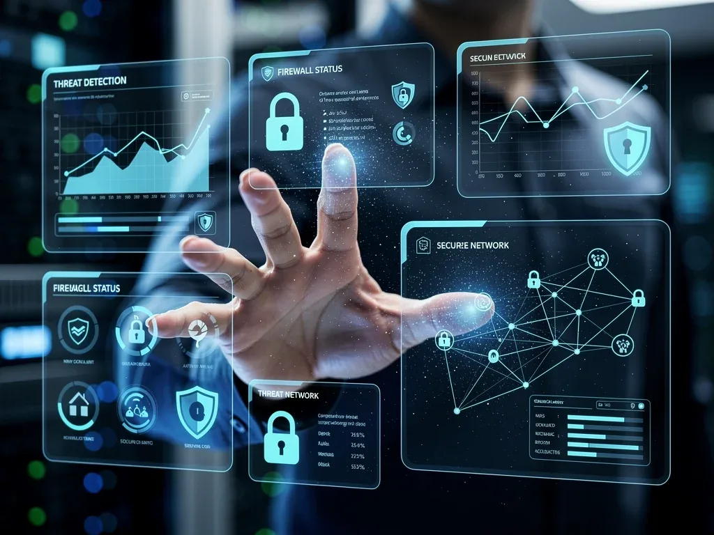 Holographic interface showing advanced cybersecurity measures and threat detection.