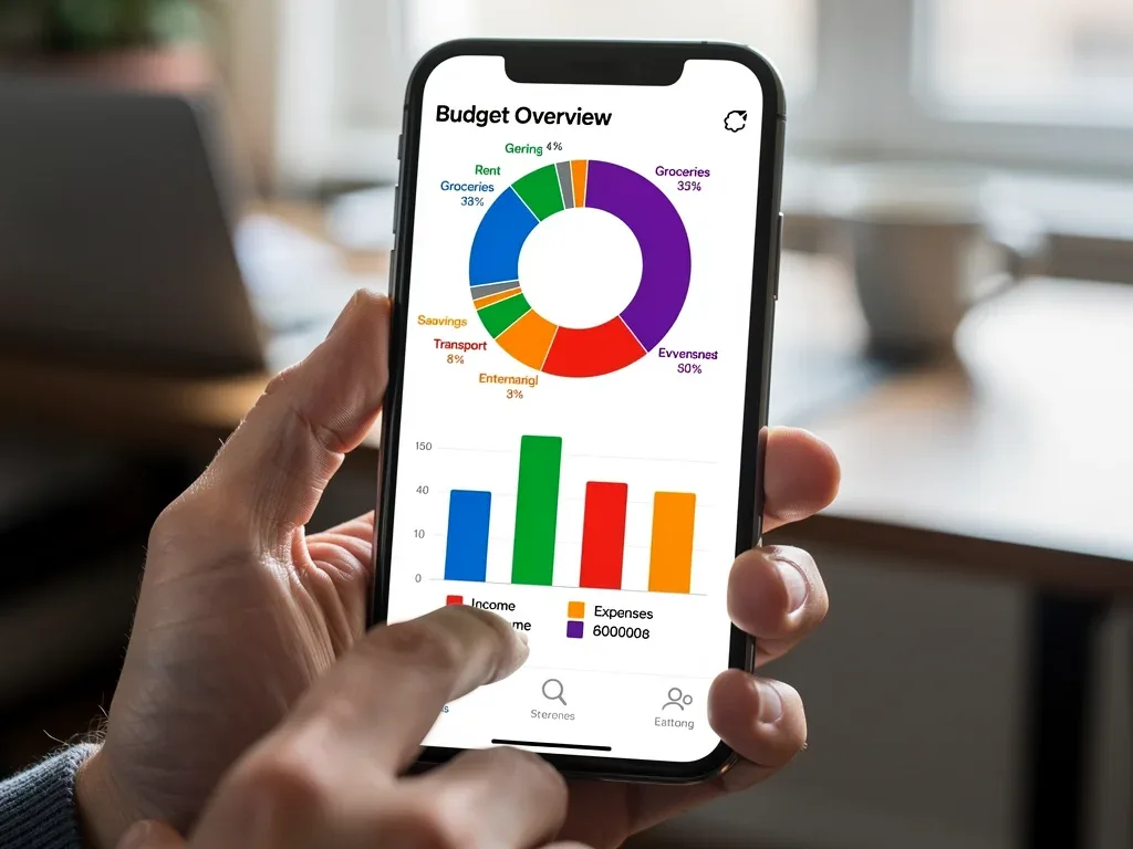 User interacting with a budgeting app on a smartphone, displaying expense categories and financial overview.