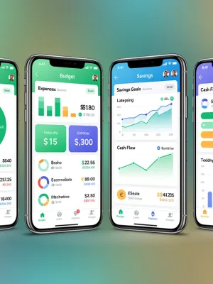 Four mobile phones showcasing different budgeting app interfaces, comparing financial management tools.