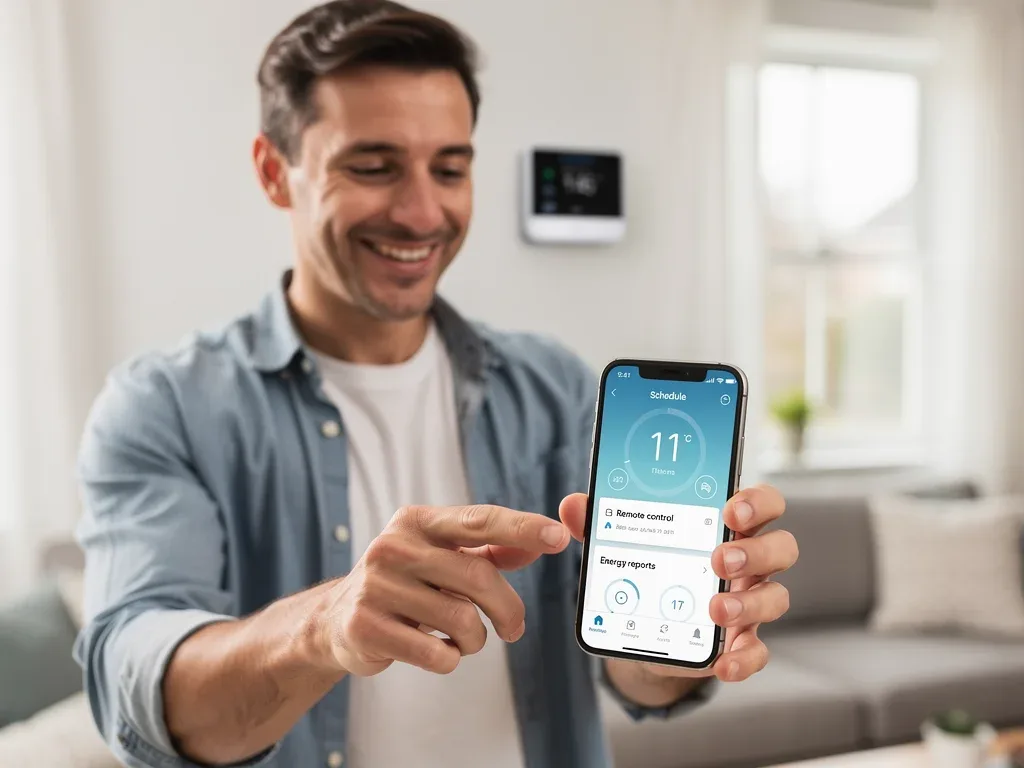 User remotely controlling smart thermostat settings via a mobile application