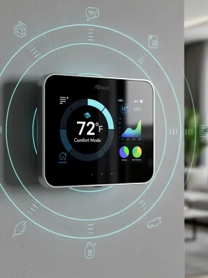 Modern smart thermostat interface displaying energy savings and home temperature