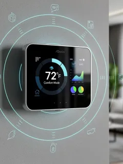 Modern smart thermostat interface displaying energy savings and home temperature
