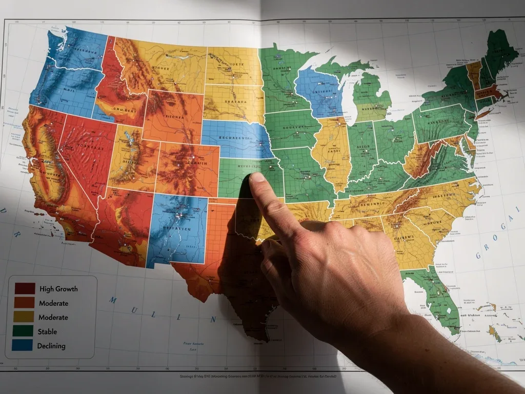 Map of the United States showing regional housing market variations and trends.