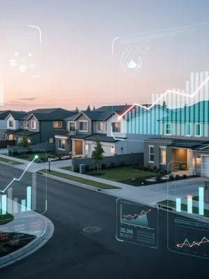 Digital overlay of housing market data on a suburban landscape at dawn, representing 2026 predictions.