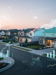 Digital overlay of housing market data on a suburban landscape at dawn, representing 2026 predictions.