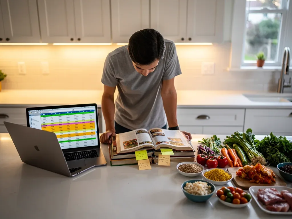 Person planning meals with laptop and fresh ingredients on a kitchen counter.