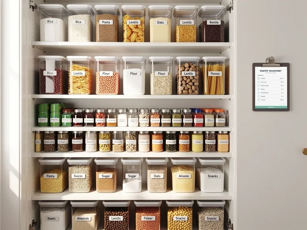 Organized pantry with labeled jars and containers, illustrating efficient food inventory.