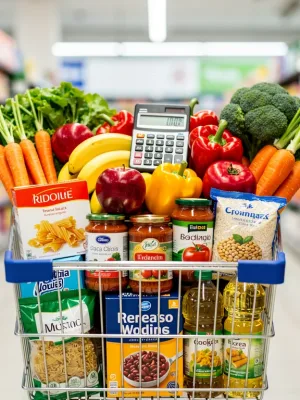 Organized grocery cart with fresh produce and calculator, representing smart shopping and budget reduction.