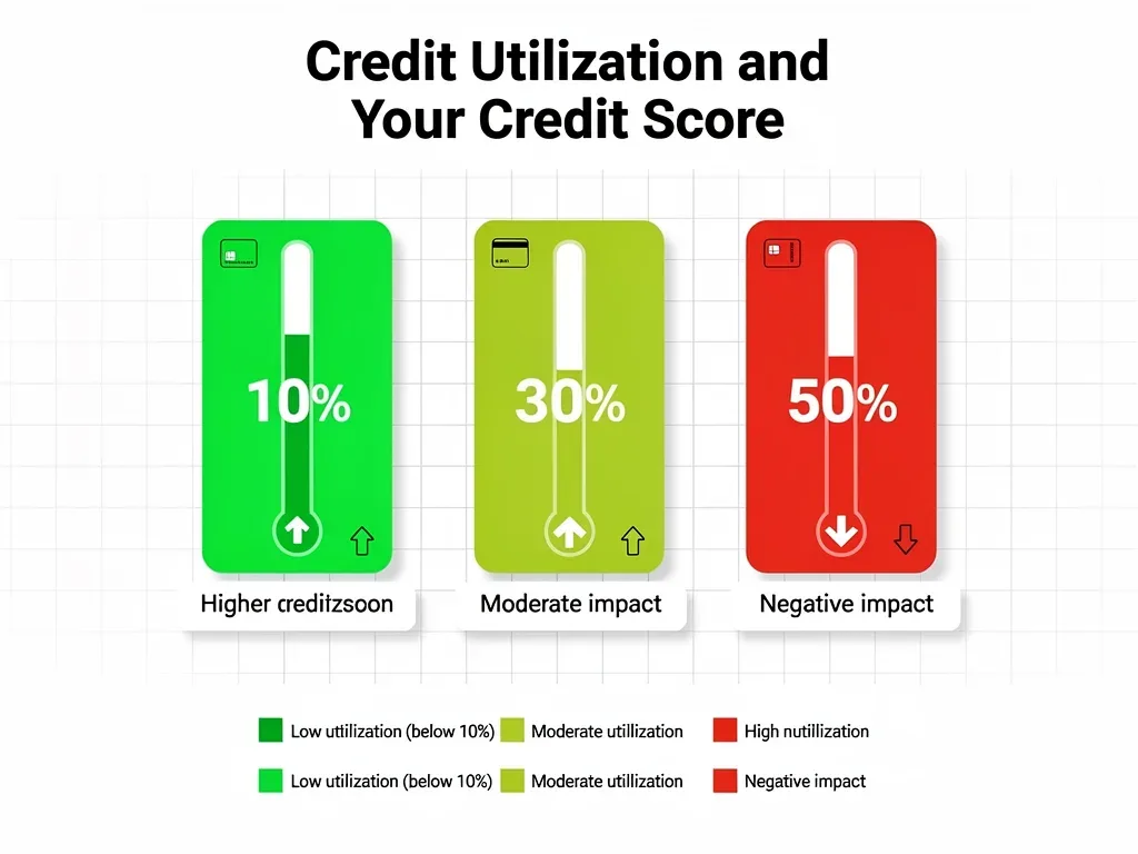Infographic illustrating credit utilization ratio thresholds and their score impact