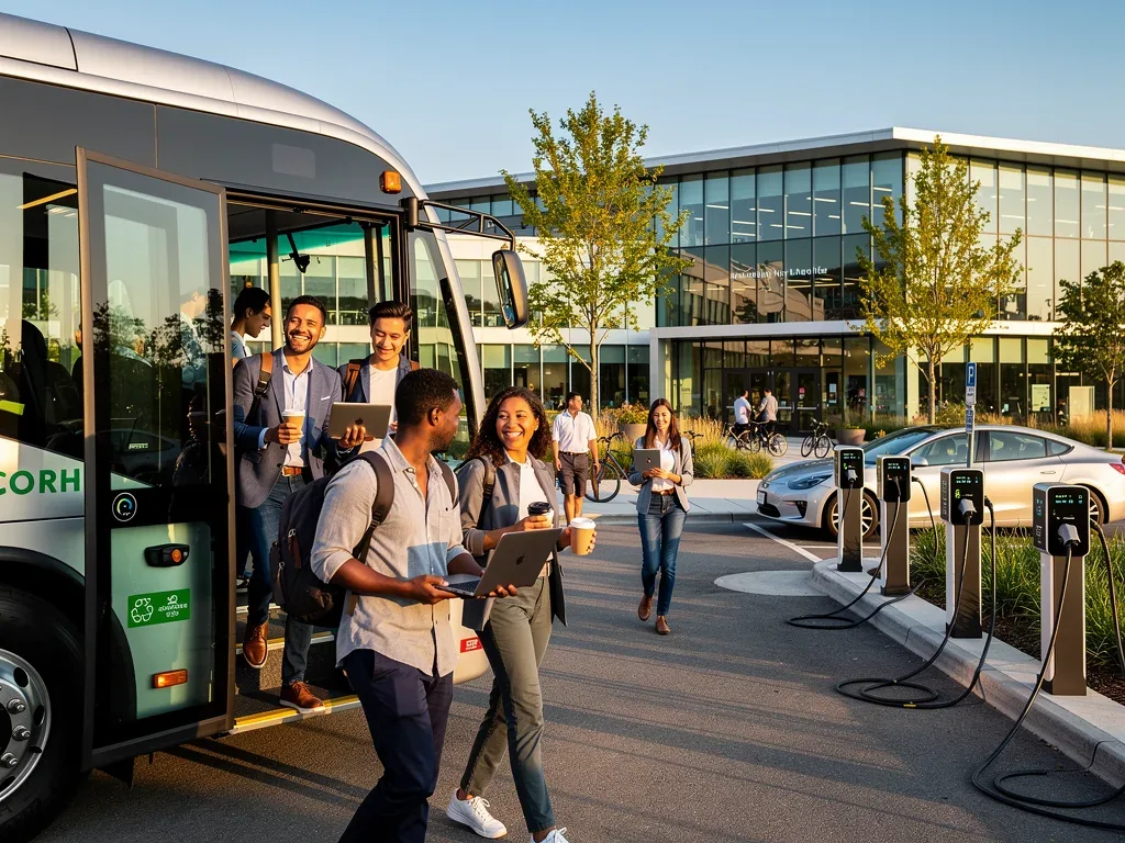 Employees using eco-friendly company shuttle service for commuting.