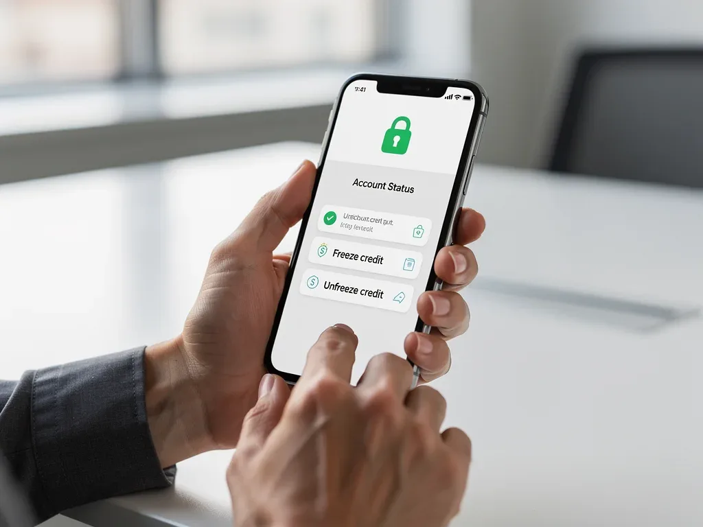 User interacting with credit freeze app on a smartphone.