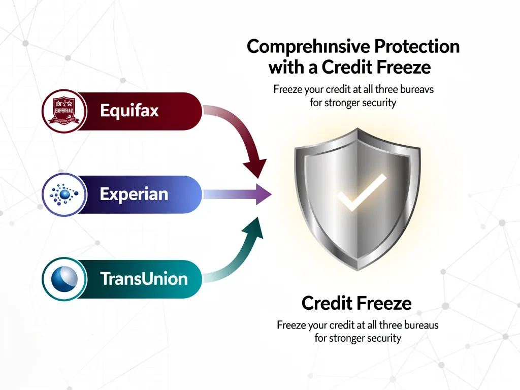 Graphic showing three credit bureaus protecting credit with a central shield.