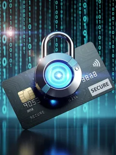 Digital padlock securing credit card data, symbolizing a credit freeze in 2026.