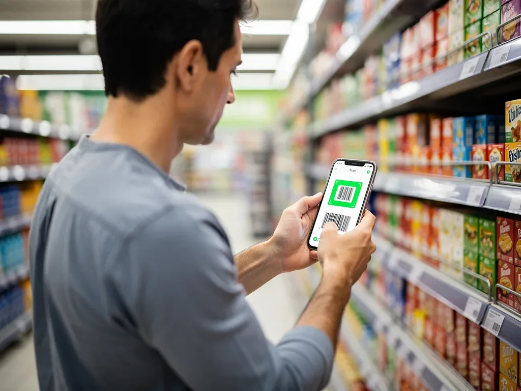 Shopper using a mobile app for price comparison in a grocery store