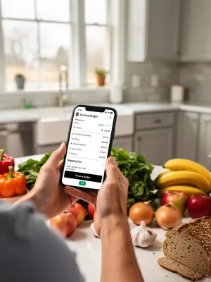 Person using a budgeting app for advanced grocery saving hacks
