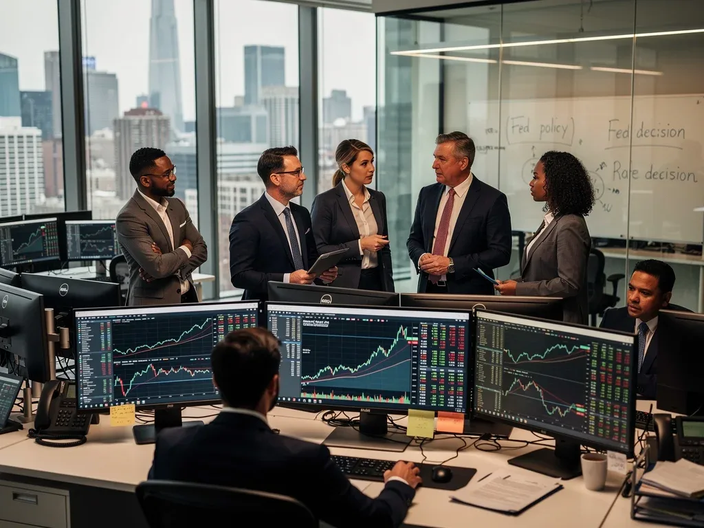 Financial analysts discussing economic data and Federal Reserve policy