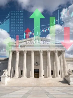 Federal Reserve building with financial data overlays and interest rate graphs