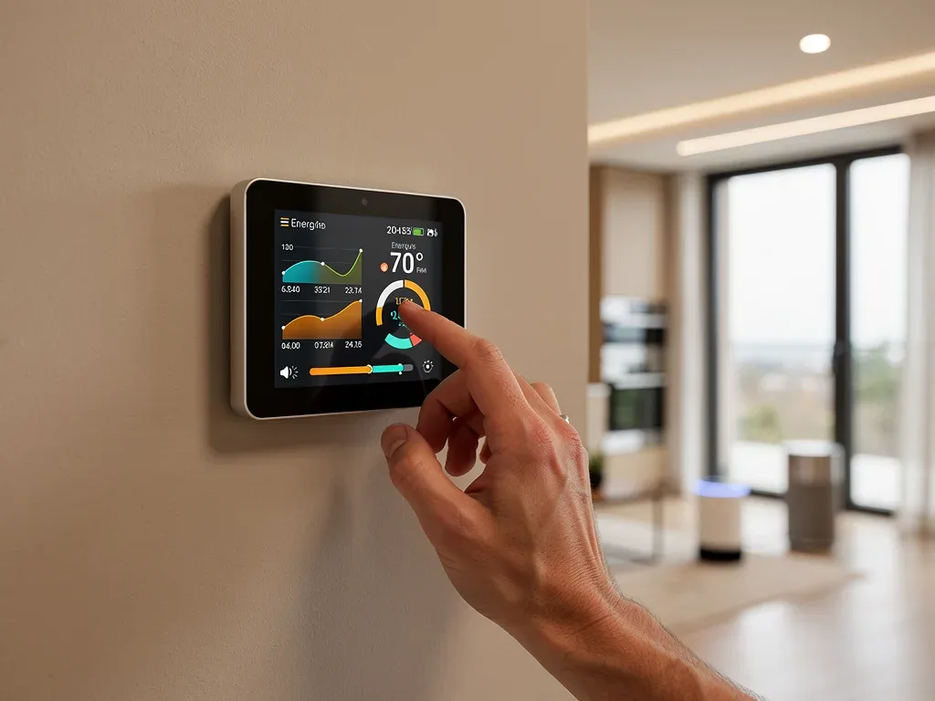 Smart thermostat optimizing home energy consumption and showing data