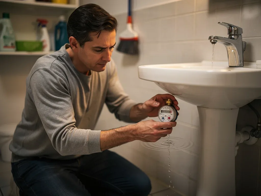 Person inspecting a water meter for leaks to reduce water utility bills