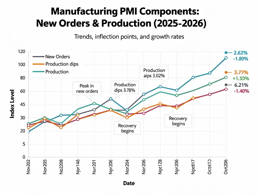 Chart illustrating trends in new orders and production components of the US Manufacturing PMI up to October 2026, showing economic shifts.