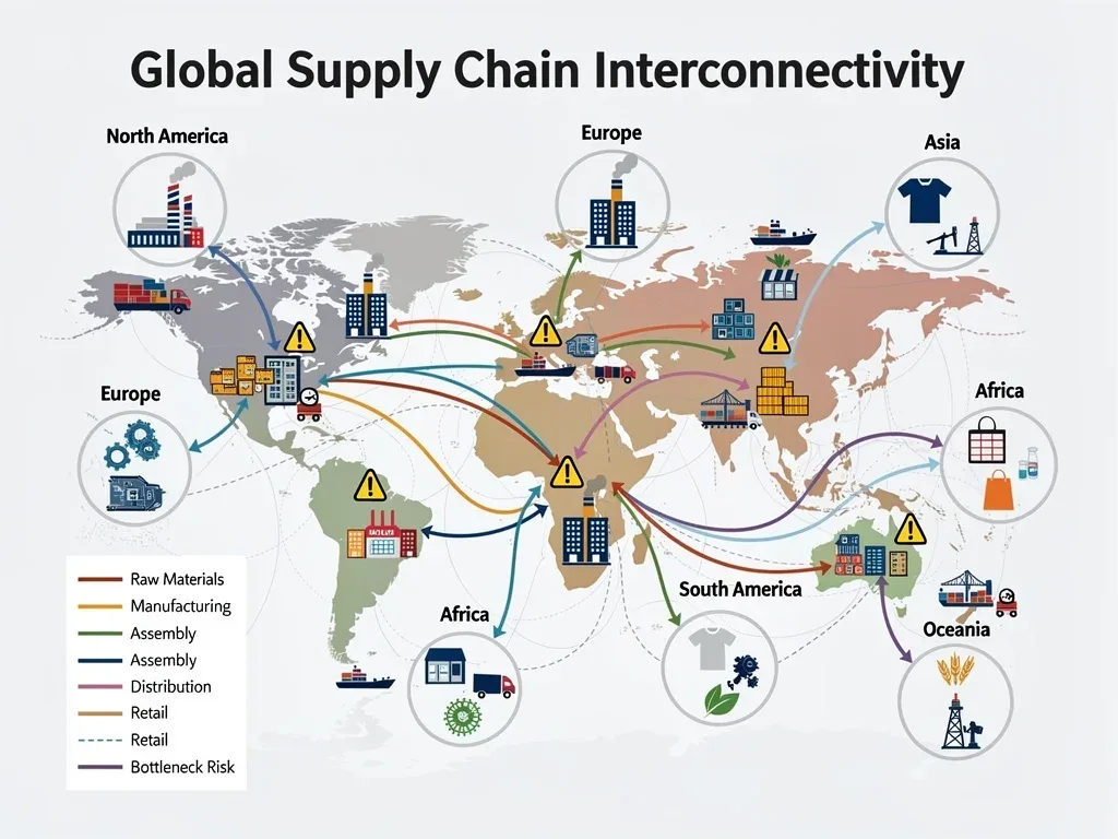 Infographic visualizing a complex global supply chain with arrows and icons, highlighting potential bottlenecks and interdependencies affecting manufacturing.