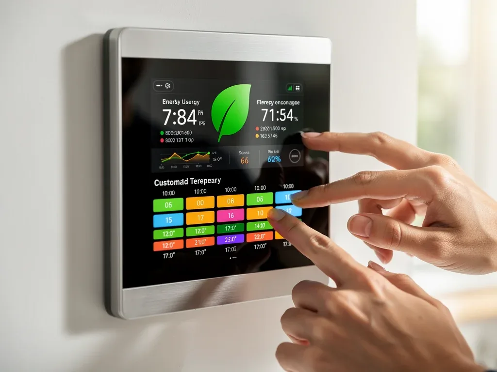 Smart thermostat displaying energy savings data and customizable schedule
