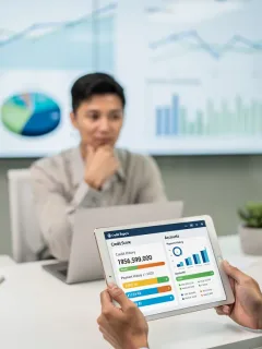 Person analyzing credit report on tablet for collection removal strategy