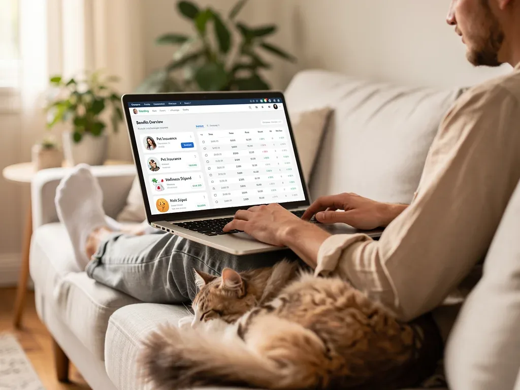Remote worker with cat on lap reviewing employee benefits, highlighting pet insurance importance.
