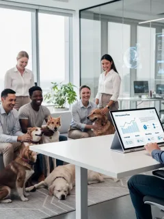 Tech employees with pets reviewing pet insurance benefits on a tablet in a modern office.