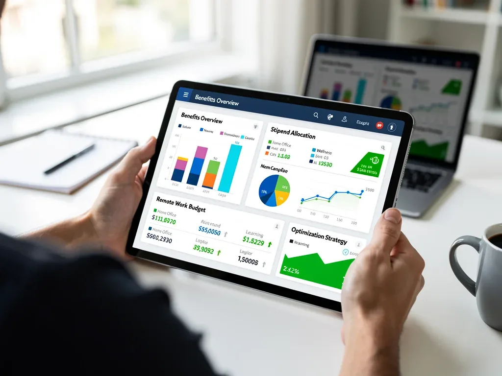 Person analyzing digital dashboard of remote work benefits and stipend allocations.