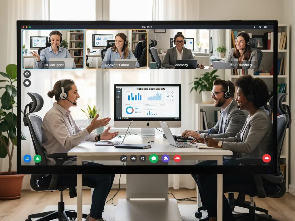 Diverse remote team collaborating virtually on a video call from their home offices.