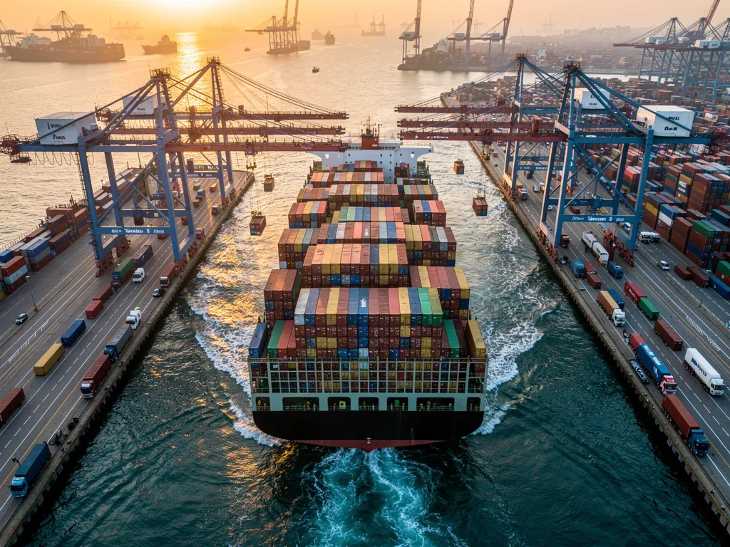 Large container ship at a bustling port, symbolizing international trade and logistics challenges.
