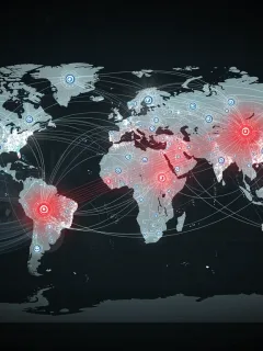 Global supply chain network with highlighted disruption points against a world map, symbolizing challenges in logistics.
