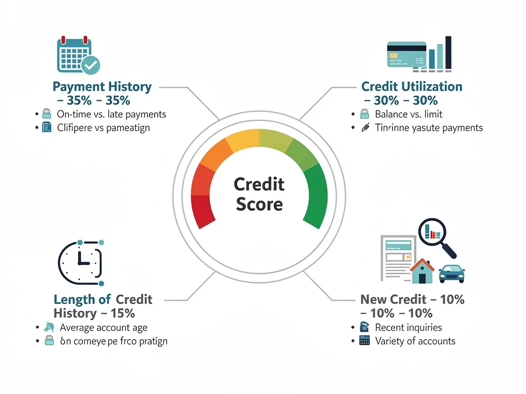 Infographic showing credit score factors and their impact on overall score.