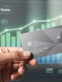 Credit card in hand with rising credit score graph background, symbolizing financial growth.