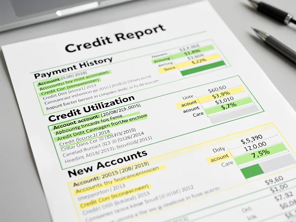 Detailed credit report showing payment history and debt factors