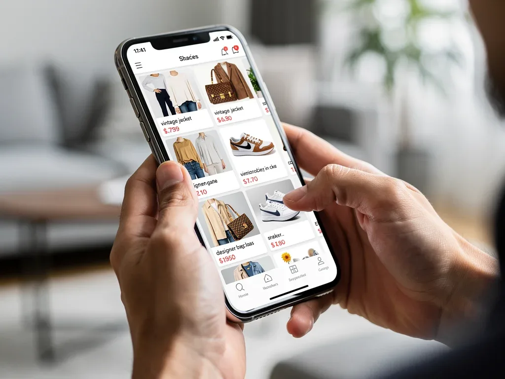Smartphone displaying fashion resale apps with clothing items and prices, held by hands, illustrating online second-hand shopping.