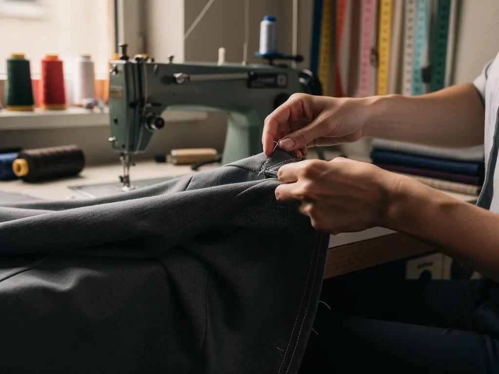 Person examining fabric quality and stitching of a garment in a tailor's shop, emphasizing clothing longevity and repairs.