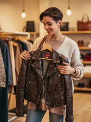 Woman smiling while shopping in a well-lit, organized second-hand clothing store, holding a stylish jacket.