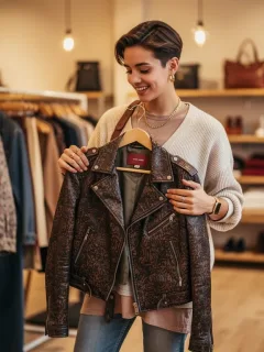 Woman smiling while shopping in a well-lit, organized second-hand clothing store, holding a stylish jacket.