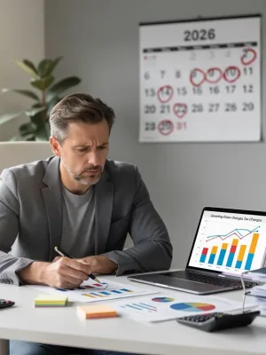Small business owner analyzing 2026 tax code changes on laptop with financial charts.
