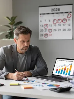 Small business owner analyzing 2026 tax code changes on laptop with financial charts.