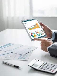 Person analyzing insurance policies on tablet for premium savings