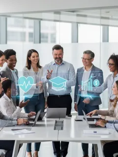 Professionals engaging with futuristic tech benefits in a modern office