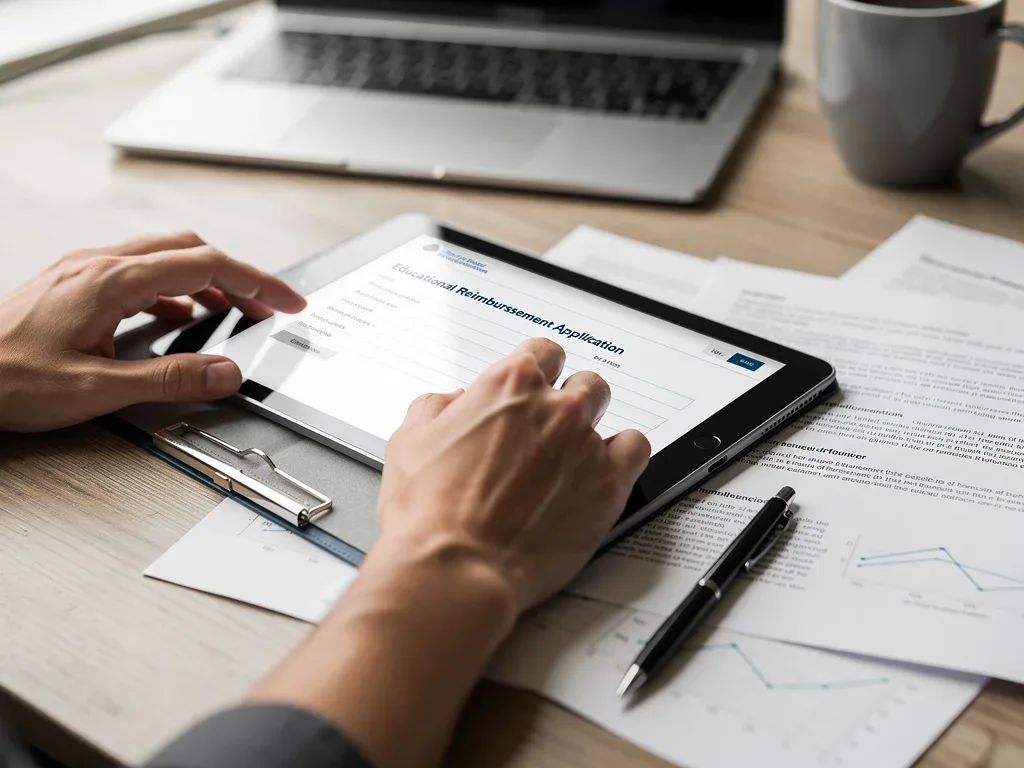 Hands filling out online application for educational reimbursement benefits