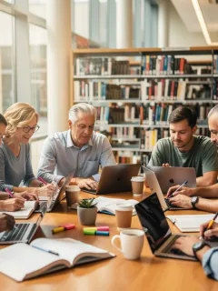 Adults studying in a library, symbolizing educational reimbursement and professional growth