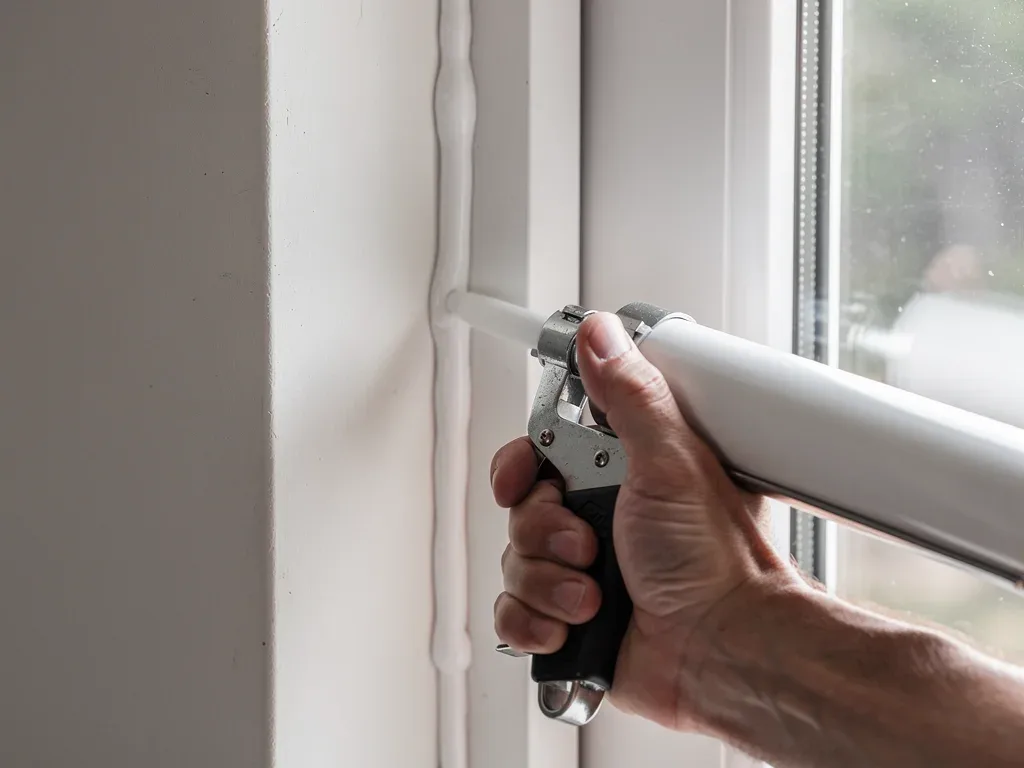 Hand applying caulk to window frame for weatherproofing